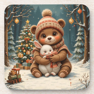 Cute Bear Holding Bunny Near Christmas Tree Coaster