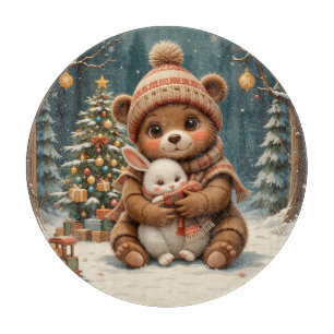 Cute Bear Holding Bunny Near Christmas Tree Cutting Board