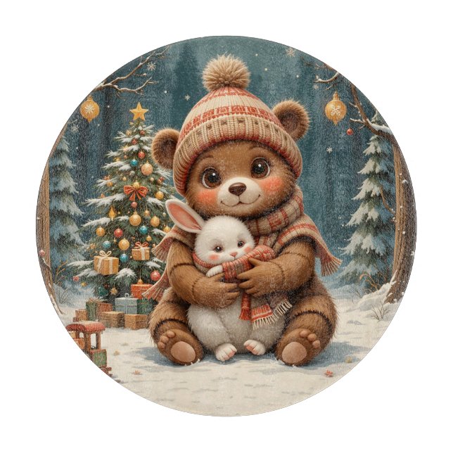 Cute Bear Holding Bunny Near Christmas Tree Cutting Board (Front)