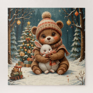 Cute Bear Holding Bunny Near Christmas Tree Jigsaw Puzzle