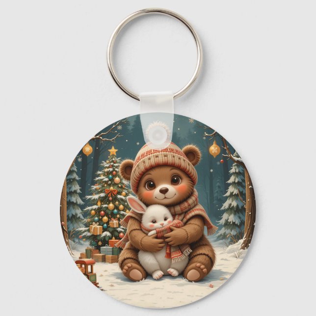 Cute Bear Holding Bunny Near Christmas Tree Key Ring (Front)