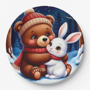 Cute Bear Holding Bunny Paper Plate