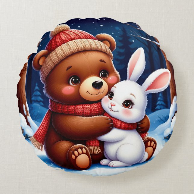 Cute Bear Holding Bunny Round Cushion (Front)