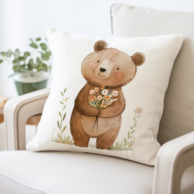 Cute Bear Holding Flowers Pillow, Adorable Teddy  Cushion (Creator Uploaded)