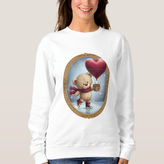 Cute Bear Holding Heart Balloon in Snowy Sky – Ado Sweatshirt (Front)