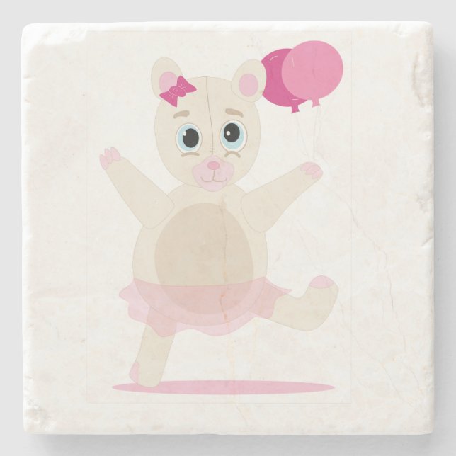 cute bear holds two balloons pink coaster (Front)