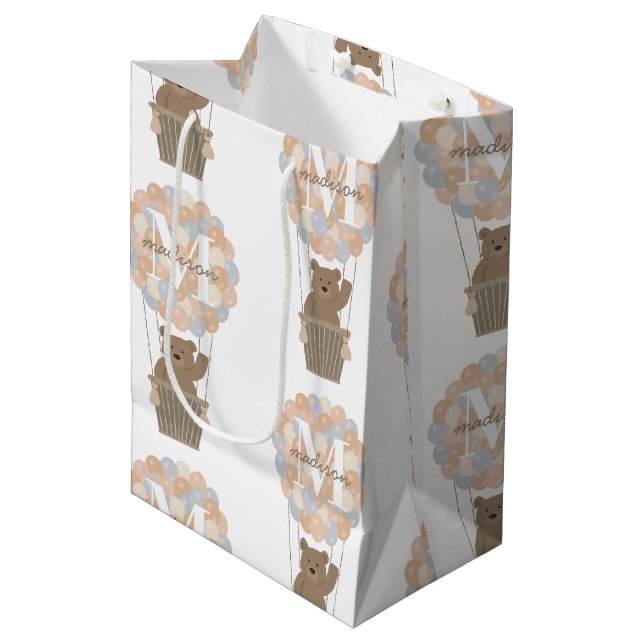 Cute Bear Hot Air Balloons Monogram Gender Neutral Medium Gift Bag (Front Angled)