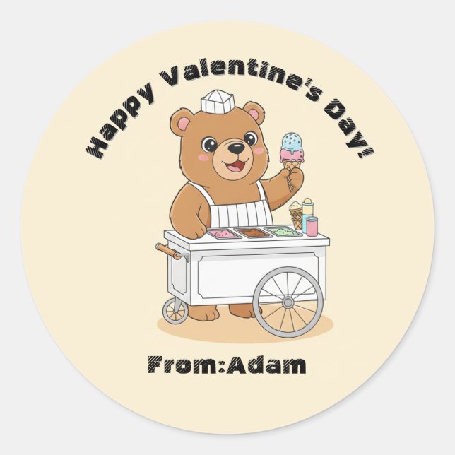Cute Bear Ice Cream Seller Valentine Classroom Classic Round Sticker (Front)