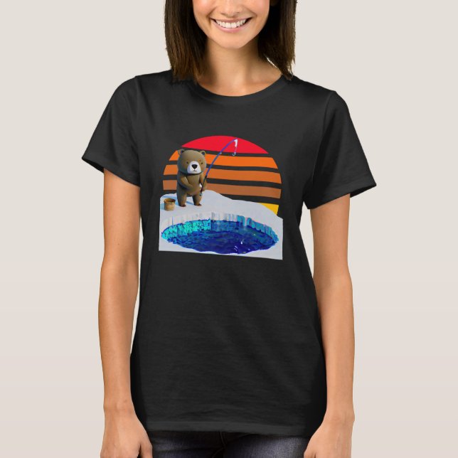 Cute Bear Ice Fishing Sunset T-Shirt (Front)