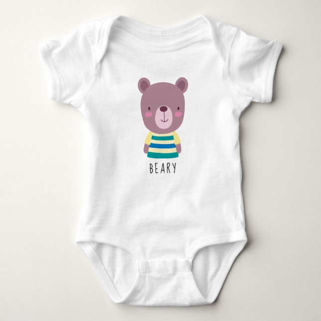 Cute Bear Illustration - Customisable Name Baby Bo Baby Bodysuit (Front)