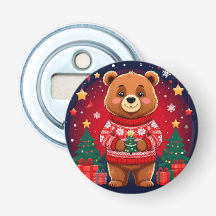 Cute Bear In Christmas Sweater Bottle Opener