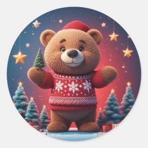 Cute Bear In Christmas Sweater Classic Round Sticker