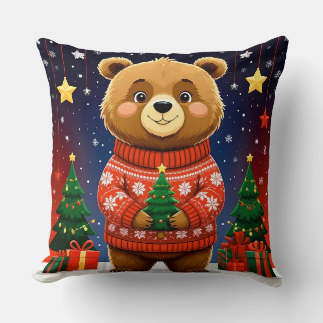 Cute Bear In Christmas Sweater Cushion (Front)