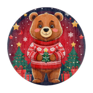 Cute Bear In Christmas Sweater Cutting Board