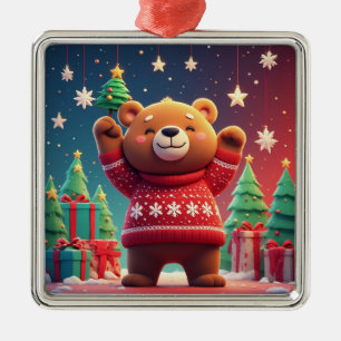 Cute Bear In Christmas Sweater Metal Tree Decoration