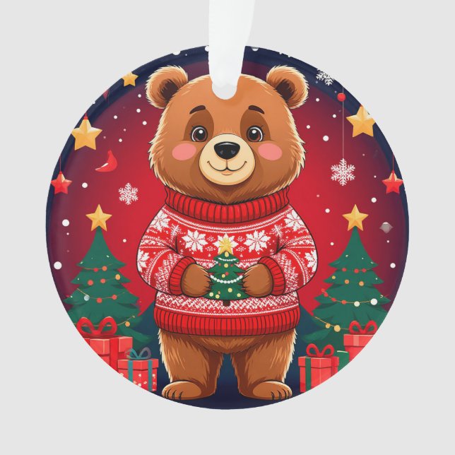 Cute Bear In Christmas Sweater Ornament (Front)
