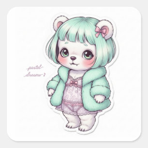 Cute Bear in Lingerie & Fur Coat - Unique Pastel Square Sticker