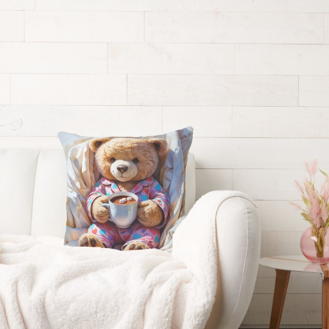Cute Bear in Pyjamas Holding Hot Cocoa Cushion (Couch)