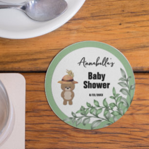Cute Bear in the Wood Baby Shower Round Paper Coaster