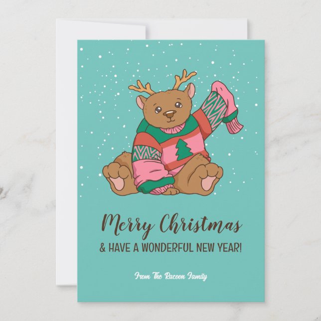 Cute Bear in Warm and Cosy Sweater Merry Christmas Holiday Card (Front)