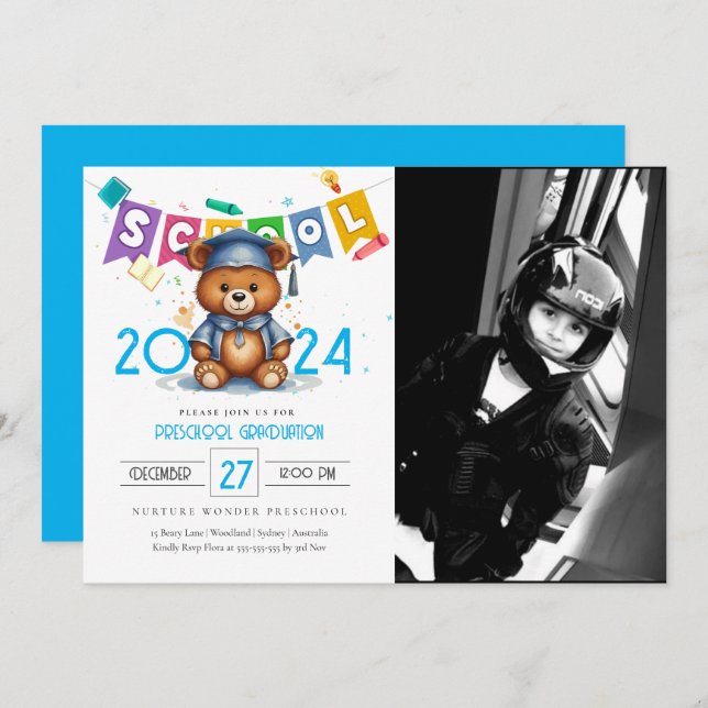 Cute bear Kindergarten Graduation Invitation (Front/Back)