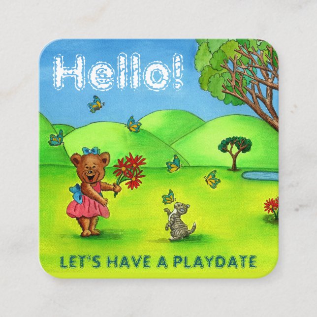 Cute Bear & Kitty Mummy Playdate Calling Card (Front)