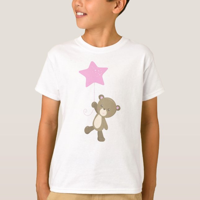 Cute Bear, Little Bear, Bear With Balloon, Star T-Shirt (Front)