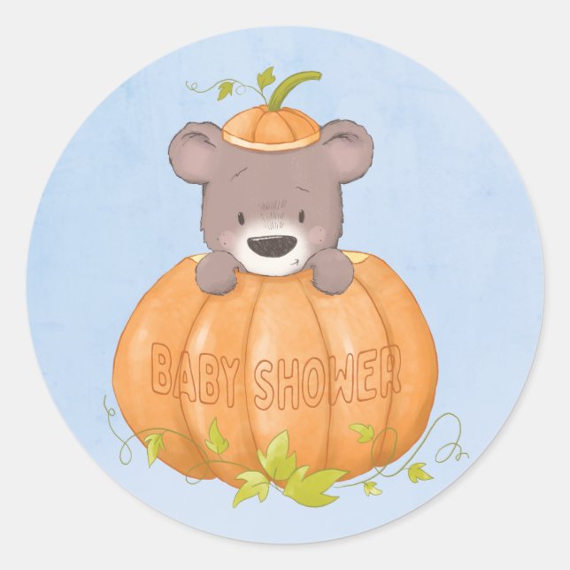Cute Bear Little Pumpkin Baby Shower Classic Round Sticker (Front)
