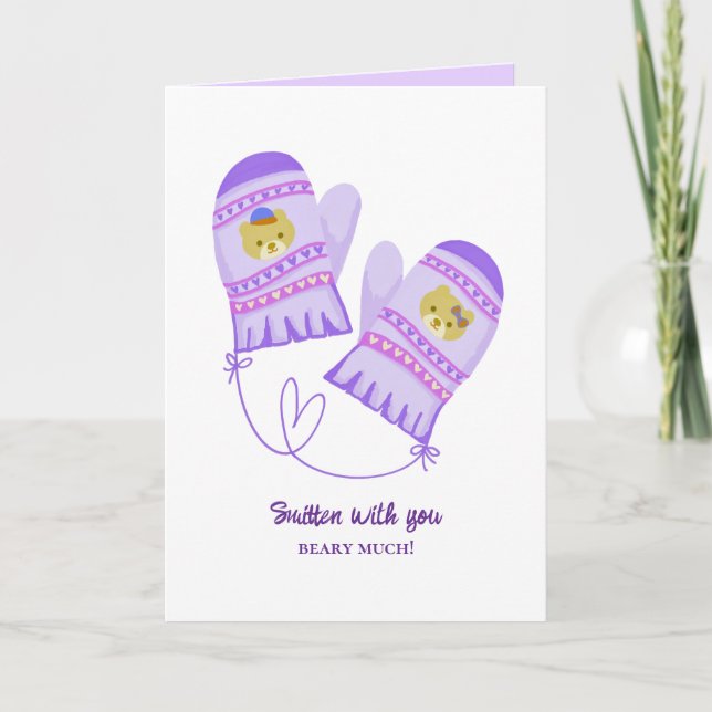 Cute Bear Love Purple Mittens Valentine's Day Card (Front)