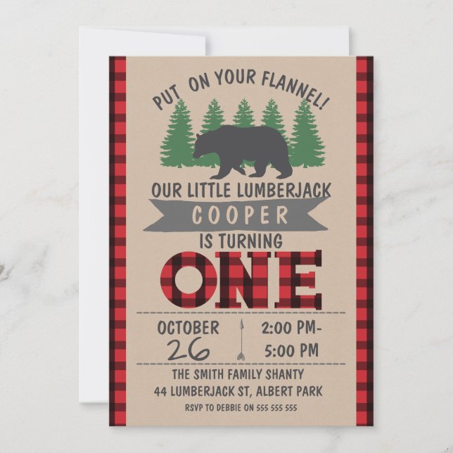 Cute Bear Lumberjack 1st Birthday Invitation (Front)