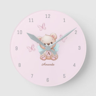Cute Bear Monogram Name Pink Round Clock