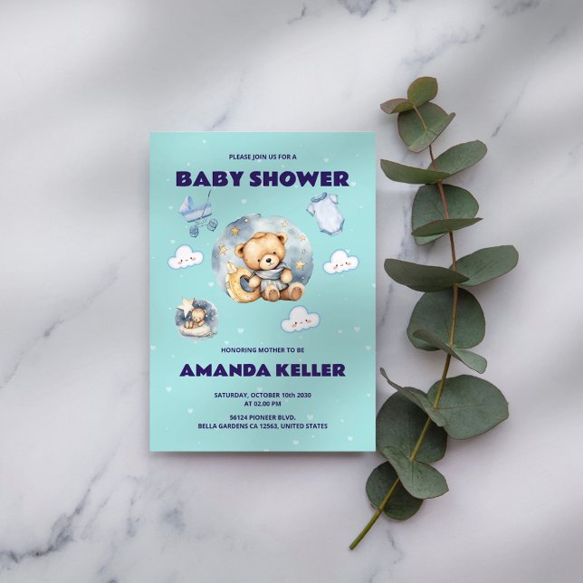 Cute Bear & Moon Baby Shower Invitation (Creator Uploaded)