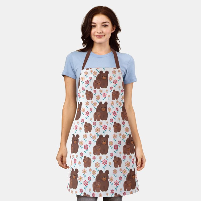 Cute bear mother with baby and flowers pattern apron (Worn)