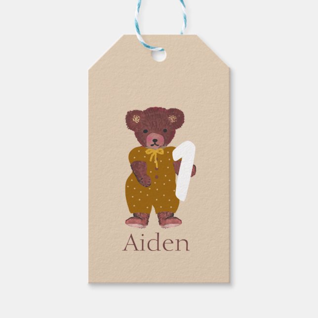 Cute Bear Name Neutral Beige First 1st Birthday Gift Tags (Front)