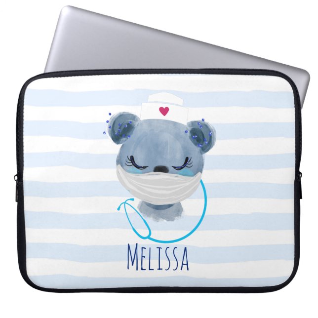 Cute Bear Nurse Wearing a Medical Mask Laptop Sleeve (Front)