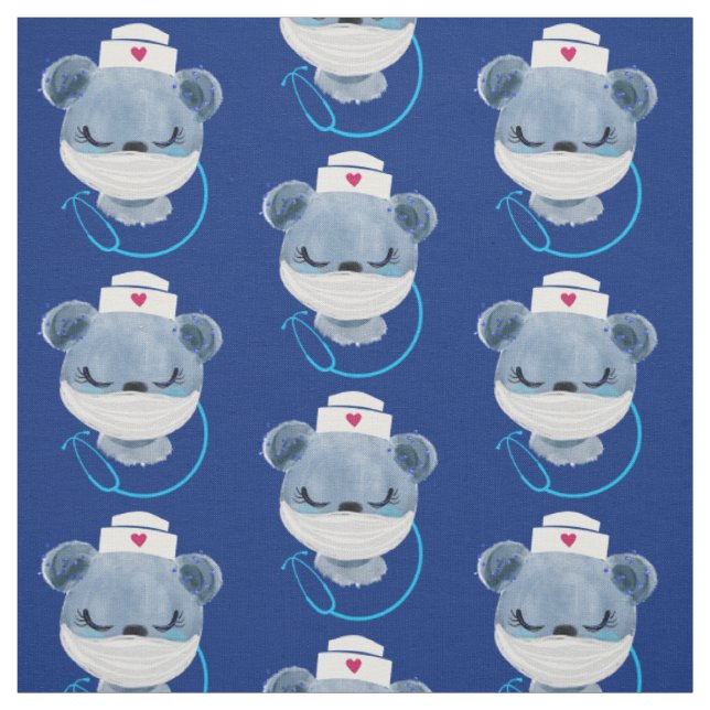 Cute Bear Nurse Wearing a Medical Mask Pattern Fabric (Swatch)
