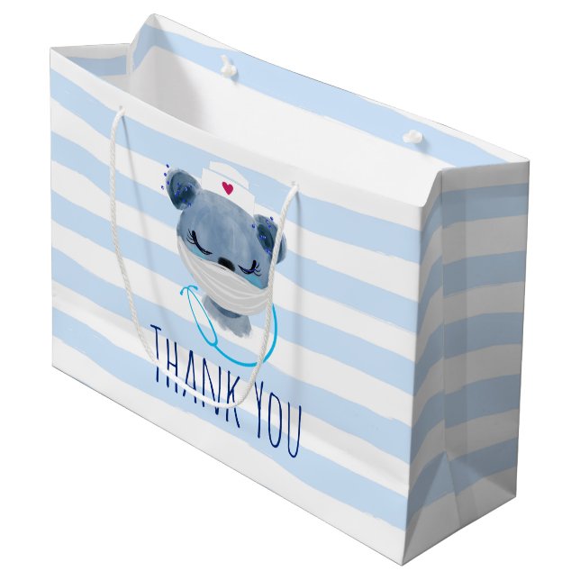 Cute Bear Nurse Wearing a Medical Mask Thank You Large Gift Bag (Front Angled)