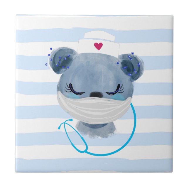 Cute Bear Nurse Wearing a Medical Mask Tile (Front)