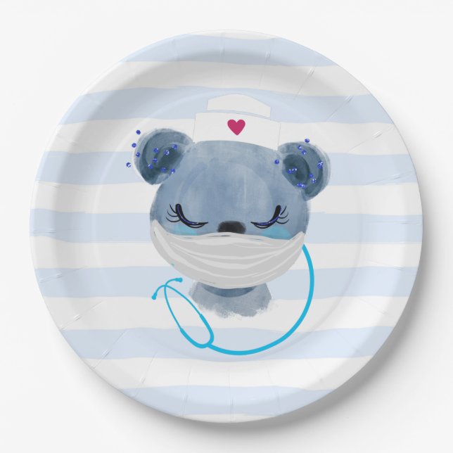 Cute Bear Nurse wearing a Protective Mask Paper Plate (Front)