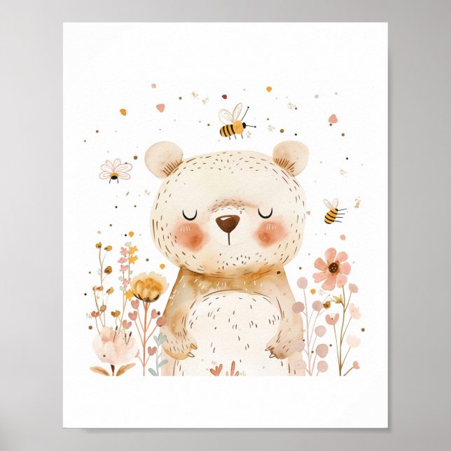 Cute Bear Nursery Friends Love Animal Flowers Poster (Front)