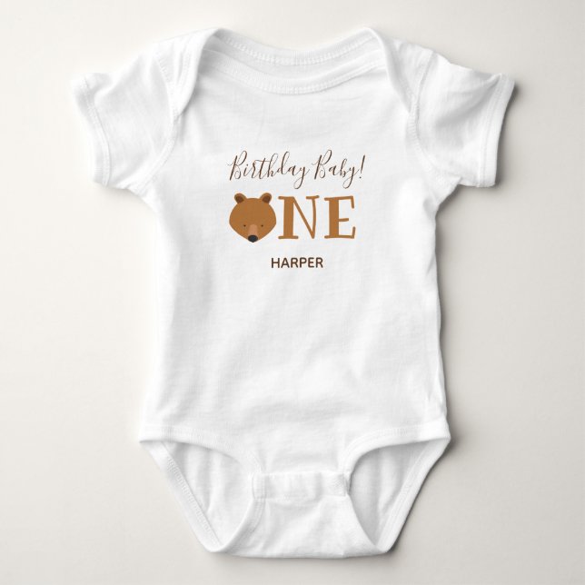 Cute Bear One Name First Birthday Baby Bodysuit (Front)