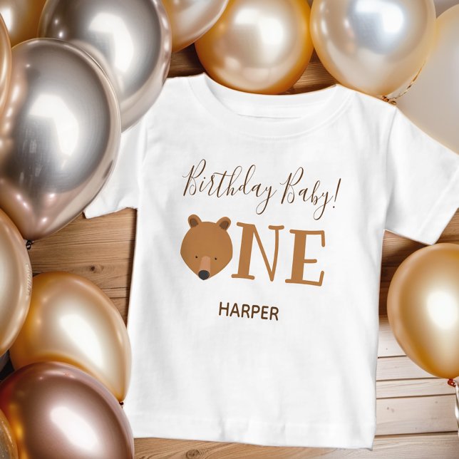Cute Bear One Name First Birthday Baby T-Shirt (Add to the birthday fun. Get your little bear this personalized birthday t-shirt.)