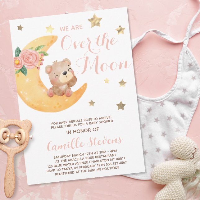 Cute Bear Over the Moon Baby Shower Girl Invitation (Creator Uploaded)
