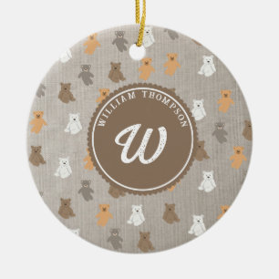 Cute Bear Pattern Initial Monogram Ceramic Tree Decoration
