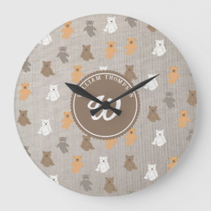 Cute Bear Pattern Initial Monogram Large Clock