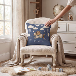 Cute Bear Pilot Flying Aeroplane Clouds Stars Blue Cushion