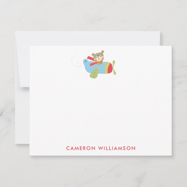 Cute Bear Pilot Flying Personalised Stationery Card (Front)