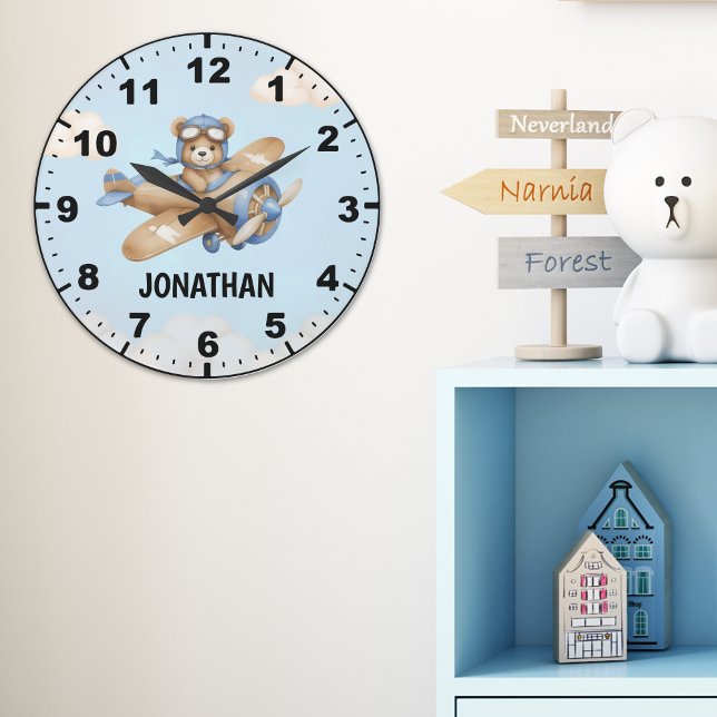Cute Bear Pilot in a Sky Adventure Large Clock (Creator Uploaded)