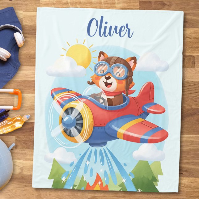 Cute Bear Pilot in Firefighting Aeroplane Fleece Blanket (Creator Uploaded)
