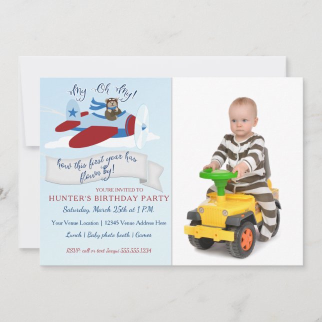 Cute Bear Pilot n Aeroplane First Birthday Party Invitation (Front)